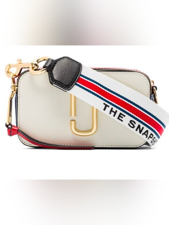 Marc Jacobs Handbags - Marc Jacobs Snapshot Bag White Leather Crossbody with Red & Blue Tricolor Strap